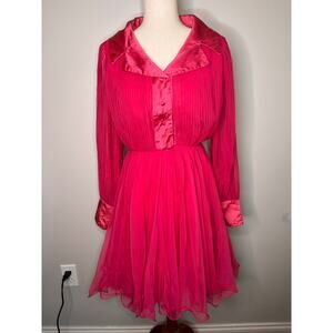 1960s Miss Elliette Pink Chiffon Satin Flutter Ballroom Regency Formal Dress M
